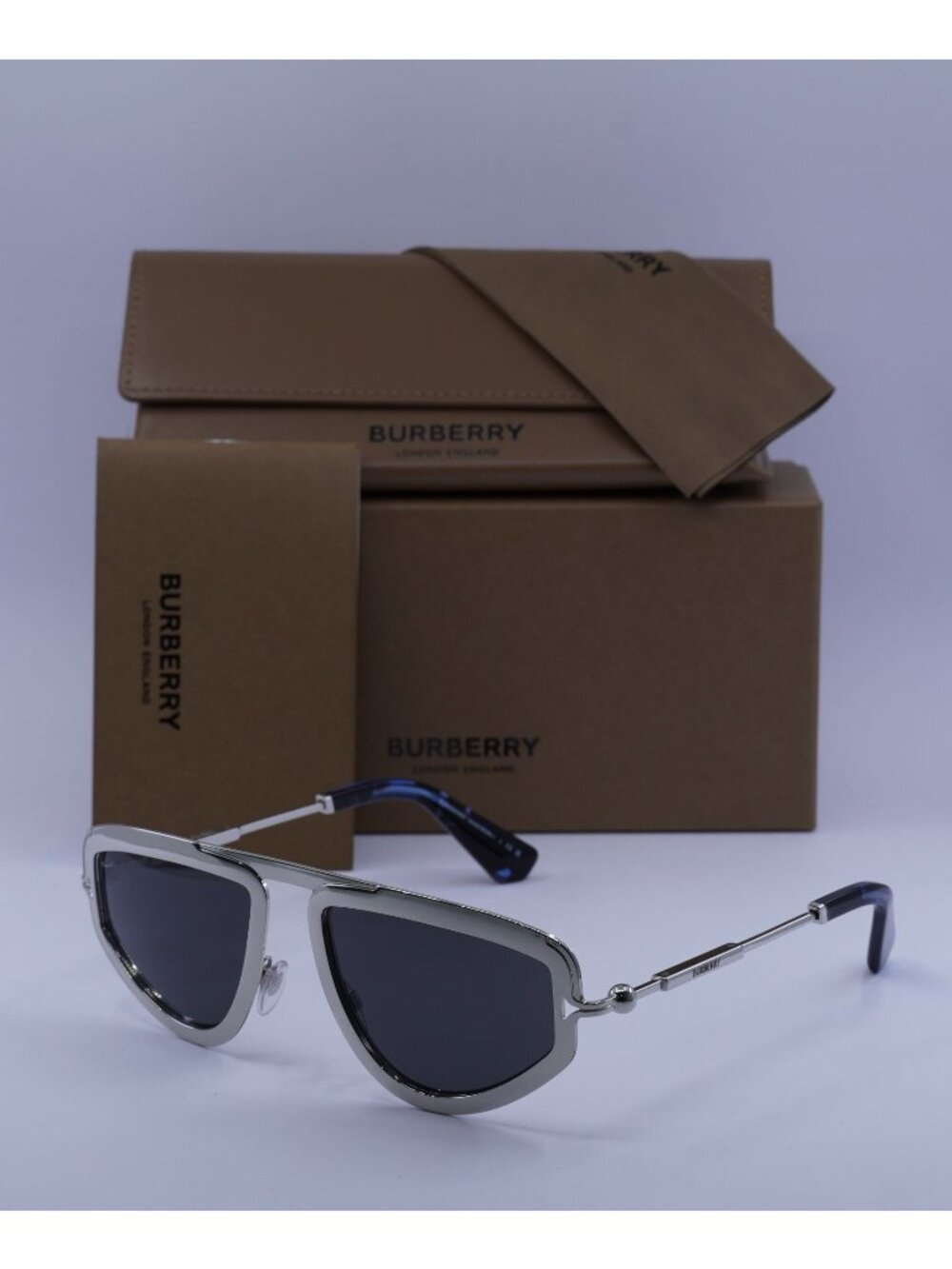 Burberry BE3150 100587 Geometric Sunglasses - Silver / Dark Grey